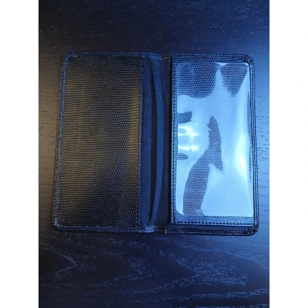 Black Lizard Embossed Leather Checkbook Cover Slim Bifold Wallet ID Window